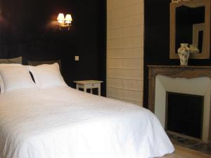1 dormitorio con cama blanca y chimenea en Château de Launay, en Méry-Corbon