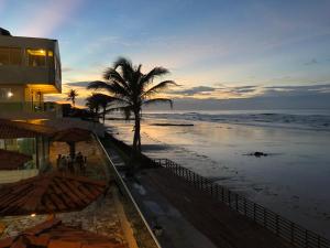 a beach with a palm tree and the ocean at Hotel Concha do Mar in Salinópolis