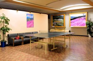 a ping pong table in a room with chairs and paintings at Takinoue Hotel Keikoku in Takinoue