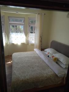 a bedroom with a bed and two windows at Green Tara Residency in Darjeeling