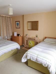 a bedroom with two beds and a mirror at Causeway Coast Carrivcashel Holiday Home in Ballymoney