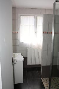 a bathroom with a shower and a sink and a window at Hotel Restaurant des Deux Vallées in Entraygues-sur-Truyère