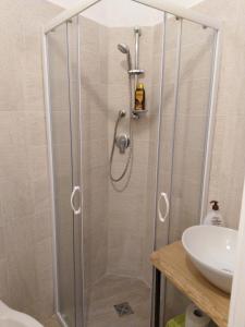 a shower with a glass door next to a sink at Rosa dei Venti house in Campomarino