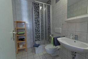 a bathroom with a sink and a toilet and a shower at Pension Am Kirschberg in Bannewitz