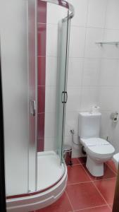 a bathroom with a toilet and a glass shower at BeSt Hotel and Restaurant complex in Dunaivtsi