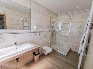La salle de bains est pourvue d'un lavabo, de toilettes et d'une douche. dans l'établissement Wald-Hotel, à Sellin