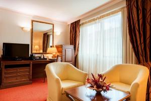 um quarto de hotel com duas cadeiras, uma secretária e uma televisão em Crystal Palace Boutique Hotel em Sófia