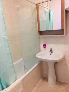 een badkamer met een wastafel en een glazen douche bij Apartments Fuchs in Umag