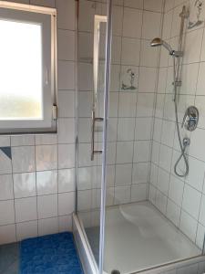 a shower with a glass door in a bathroom at Haus Schumacher in Uhldingen-Mühlhofen