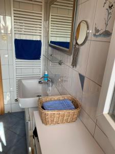 a bathroom with a sink and a basket on a counter at Haus Schumacher in Uhldingen-Mühlhofen +17 photos