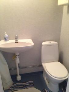 a bathroom with a white toilet and a sink at MästreBo in Timrå