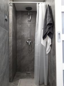 La salle de bains est pourvue d'une douche avec rideau de douche. dans l'établissement Belvárosi apartman, à Szigetvár