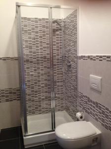 y baño con aseo y ducha acristalada. en Ampio appartamento Sulcis Iglesiente Sardegna, en Gonnesa