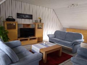 Sala de estar con 2 sofás azules y mesa de centro en FEWO 67 en Kleve