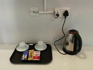 a tea pot and books on a tray with a tea kettle at Double L Guest Lodge Palapye in Palatswe
