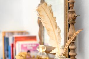 a feather in a vase in front of a mirror at MEGAS GIALOS HARMONY in Megas Gialos - Nites