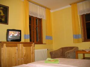 a room with a television and a bed and a chair at Penzion Nikola in Pec pod Sněžkou