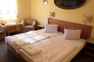 una habitación de hotel con 2 camas y una silla en Penzion Nikola, en Pec pod Sněžkou