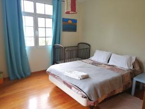 a bedroom with a bed and a window with blue curtains at Casa do Vale in São Vicente