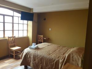 1 dormitorio con cama, ventana y silla en Hostal Cactus, en Cusco