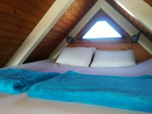 a bed in a room with a window at Pfahlbau Sunset I Toplage Elektroboot inklusive in Rust