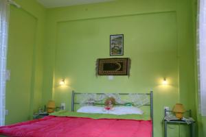 a green bedroom with a bed with a pink blanket at Evaland Traditional Houses in Tarti