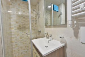 La salle de bains est pourvue d'un lavabo et d'une douche. dans l'établissement Apartman Alex Zlatibor, à Zlatibor