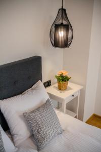 a bedroom with a bed and a pendant light at GOLDEN ROOMS blisko Energylandii in Zator