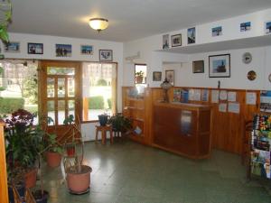 a room with wooden cabinets and potted plants at Hostería Chimehuin in Junín de los Andes