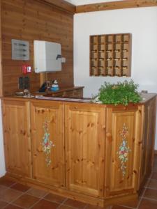 ボルカ・ディ・カドーレにあるHotel Villa Inesの木製のキャビネット(花付)が備わるキッチン