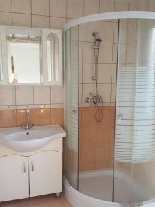 ein Bad mit einer Dusche, einem Waschbecken und einer Dusche in der Unterkunft Holiday home in Fonyod/Balaton 36989 in Fonyód