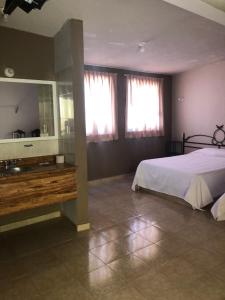 1 dormitorio con cama y espejo grande en Hotel El Pacifico, en Morelia