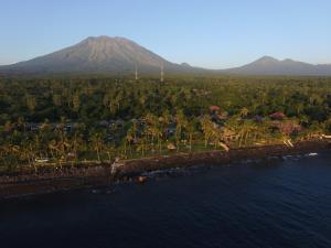 uma vista aérea da praia com uma montanha ao fundo em Relax Bali Dive & SPA ocean front resort em Tulamben