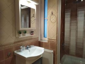 W łazience znajduje się umywalka i prysznic. w obiekcie Luxury & Cozy Apartment w mieście Wolos