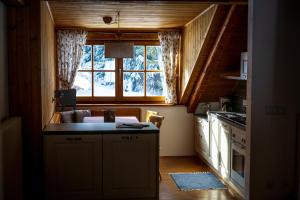 - une cuisine avec un comptoir et une fenêtre dans une maison dans l'établissement Apartments & Relax Greta, à Dobbiaco