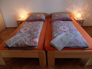 トレボンにあるApartment Trebonのベッド(オレンジクッション、枕2つ付)