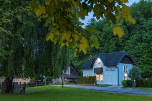 une maison blanche avec un toit noir dans l'établissement Vila Grad Bled - Sauna & Hot tub, à Bled