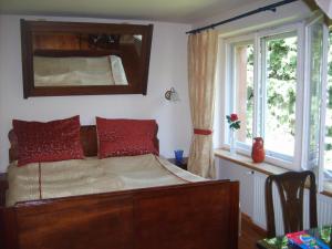 シュクラルスカ・ポレンバにあるVilla Contraのベッドルーム1室(赤い枕のベッド1台、窓付)