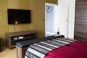 a bedroom with a bed and a flat screen tv at Golden Mirror Apartment in Novi Sad
