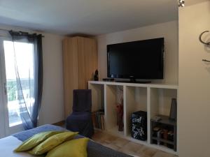 a bedroom with a bed and a flat screen tv at La Fargette in Saint-Fargeau-Ponthierry