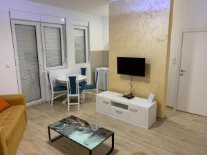 a living room with a couch and a tv and a table at Airport view Apartment in Belgrade