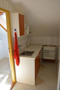 eine kleine Küche mit einer Spüle und einer Theke in der Unterkunft Nerudova SIX in Košice