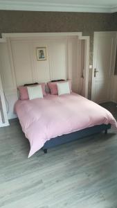 ein großes Bett in einem Schlafzimmer mit rosa Bettwäsche und Kissen in der Unterkunft Stretcha in Châteaubourg
