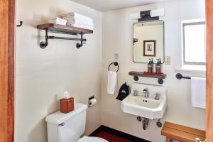 a bathroom with a white toilet and a sink at Evergreen Lodge at Yosemite in Groveland