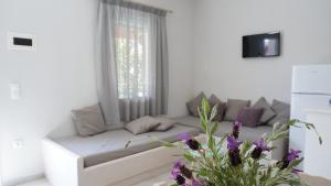 a white couch in a living room with a window at Armonia Houses in Tsonia