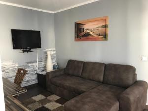 ein Wohnzimmer mit einem Sofa und einem Flachbild-TV in der Unterkunft Ferienwohnung Koblenz in Koblenz