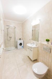 a bathroom with a shower and a toilet and a sink at Apartament 3d Szczecin in Szczecin