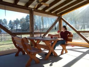 a woman sitting at a wooden table in a house at Dom Porost in Porost