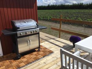 a grill on a deck with a table and a field at Feriehytten Hønsehuset in Løkken