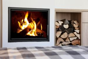 a fire burns in a fireplace with logs at Apartment Klostermann 006 in Železná Ruda